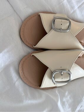 Splendid Cream Crossover Slide Sandals with Silver Buckles